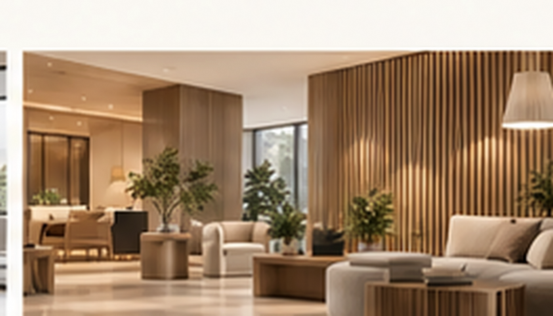 Hospitality interior with warm timber acoustic panelling and soft seating