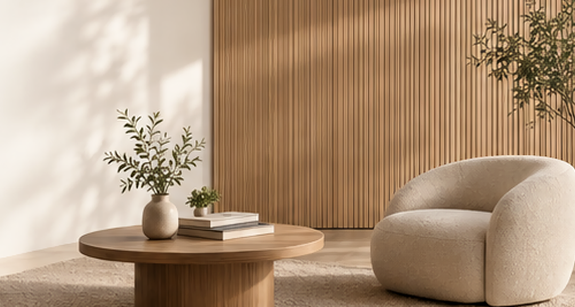 Interior with a full-height oak acoustic slat wall, soft daylight, a round table and an ivory lounge chair